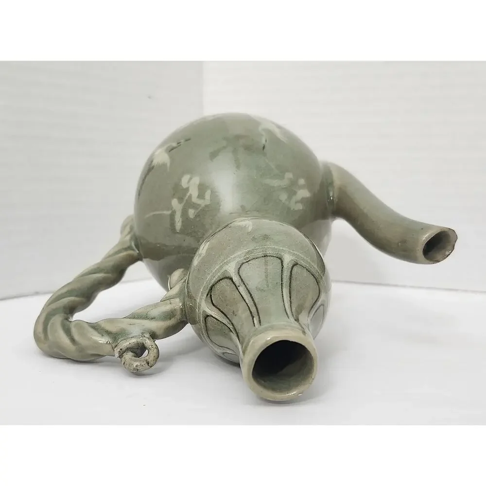 Vintage Korean Goryeo Style Celadon Ewer Crane Double Gourd Teapot Pitcher